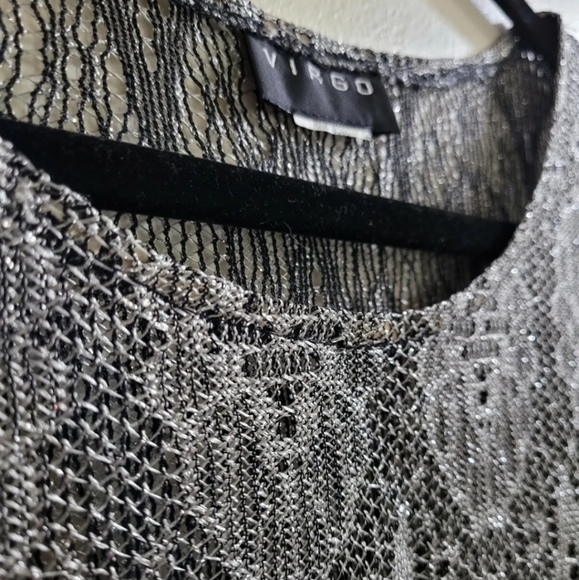 Vintage Virgo Brand Silver Knit Crochet Style Fringe Crop Top Blouse - Picture 6 of 8